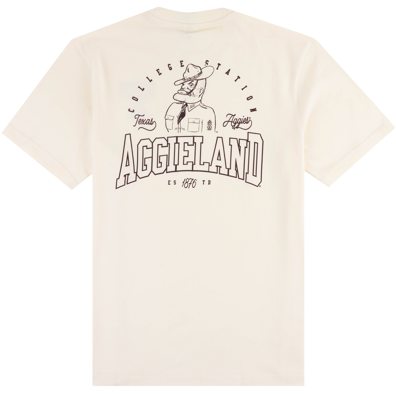 Creamy white t-shirt with maroon ol' sarge Aggieland design