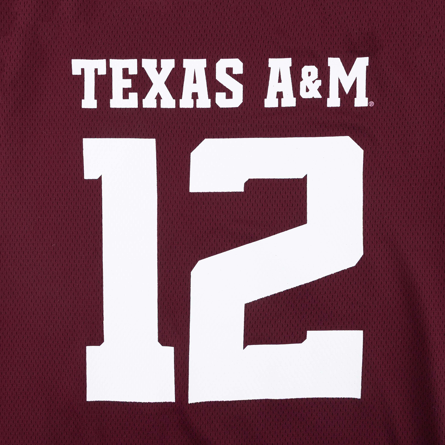 Texas A&M Adidas replica home jersey in maroon, featuring white “Texas A&M” lettering, large number 12 on the front, Adidas logo, and white number detailing on the sleeves.
