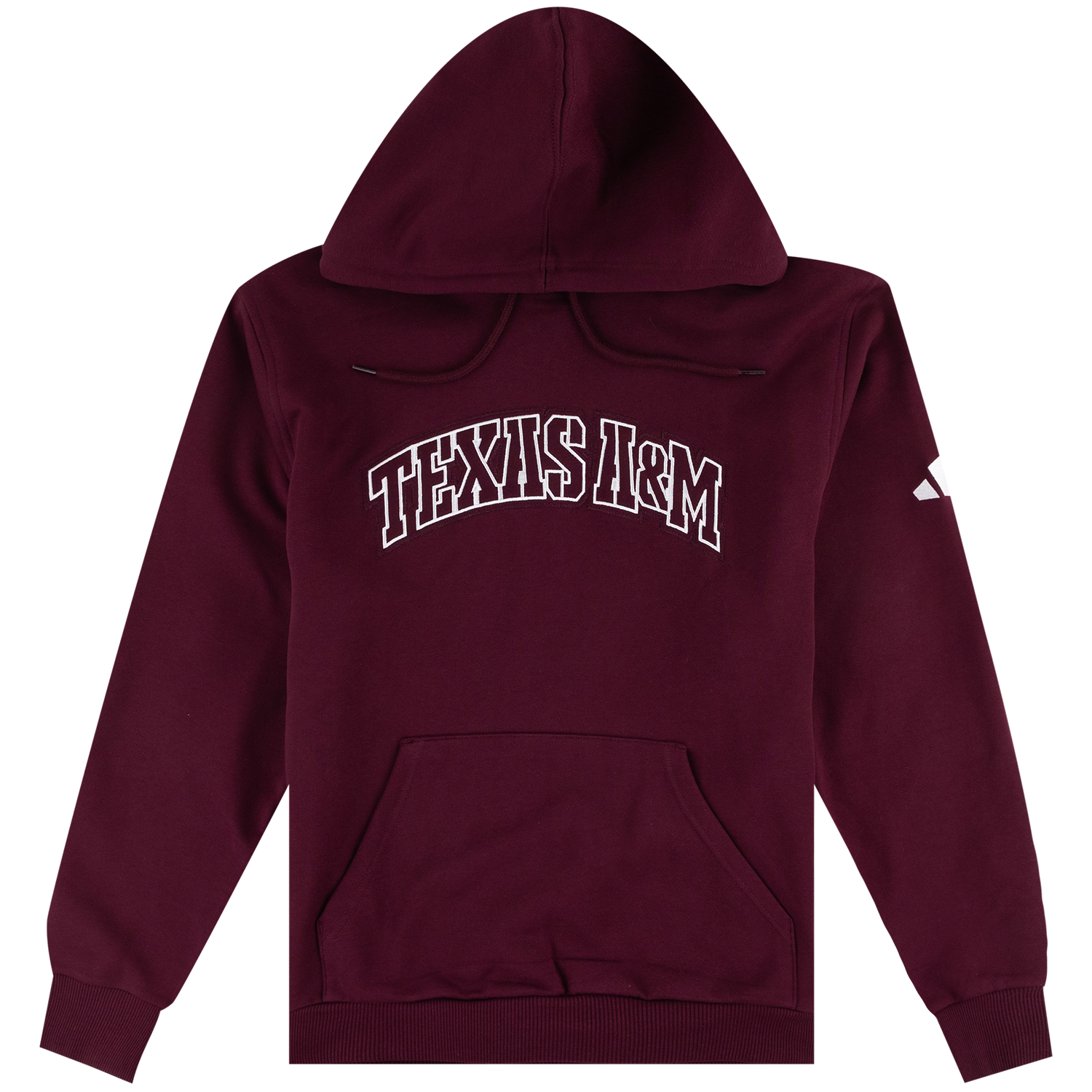 A maroon pullover hoodie with 'TEXAS A&M' printed in white arched block letters across the chest, featuring a kangaroo pocket and drawstring hood, shown on a plain white background.