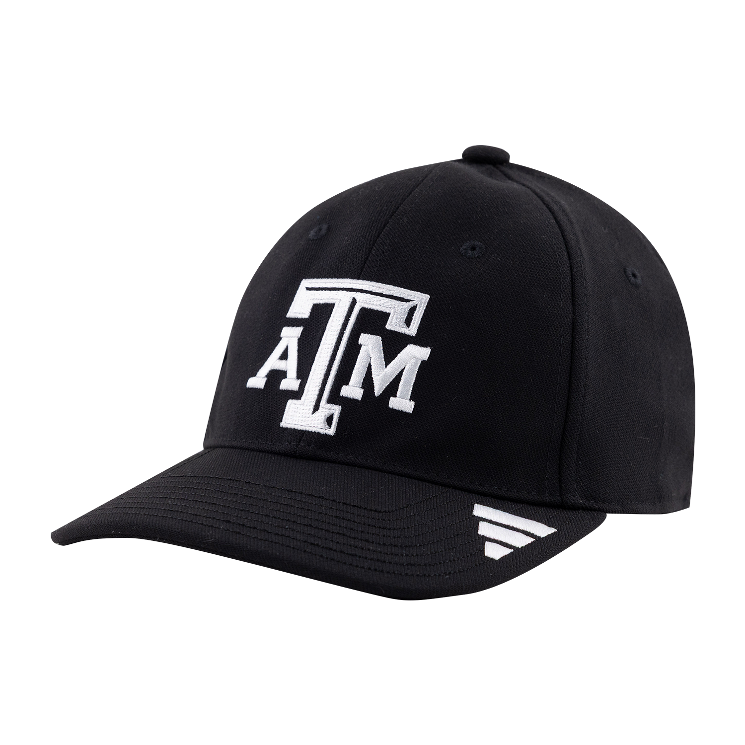 Black Adidas Texas A&M baseball cap featuring a white embroidered ATM logo on the front and a white Adidas logo on the brim.