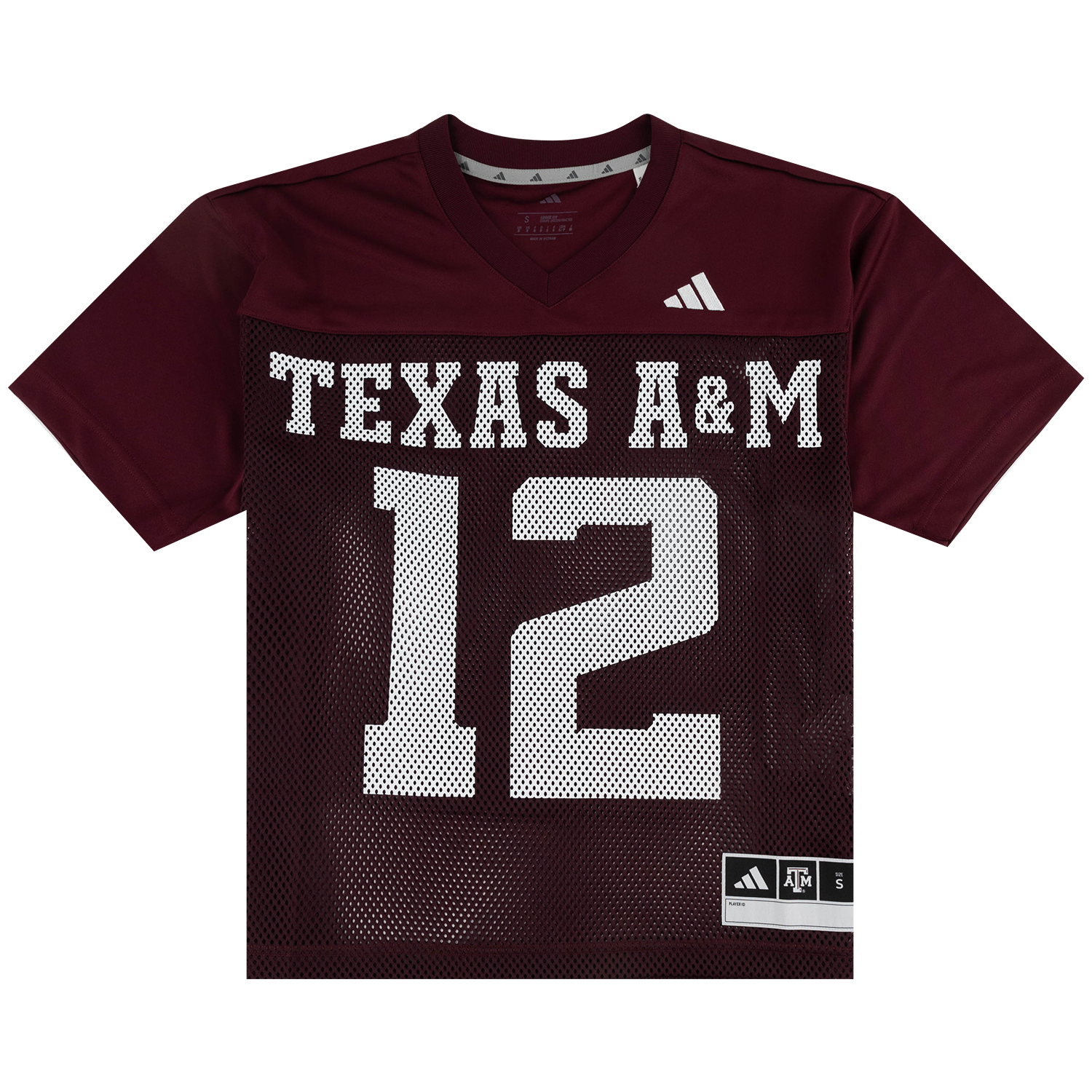 Maroon mesh jersey with white Texas A&M and 12 number