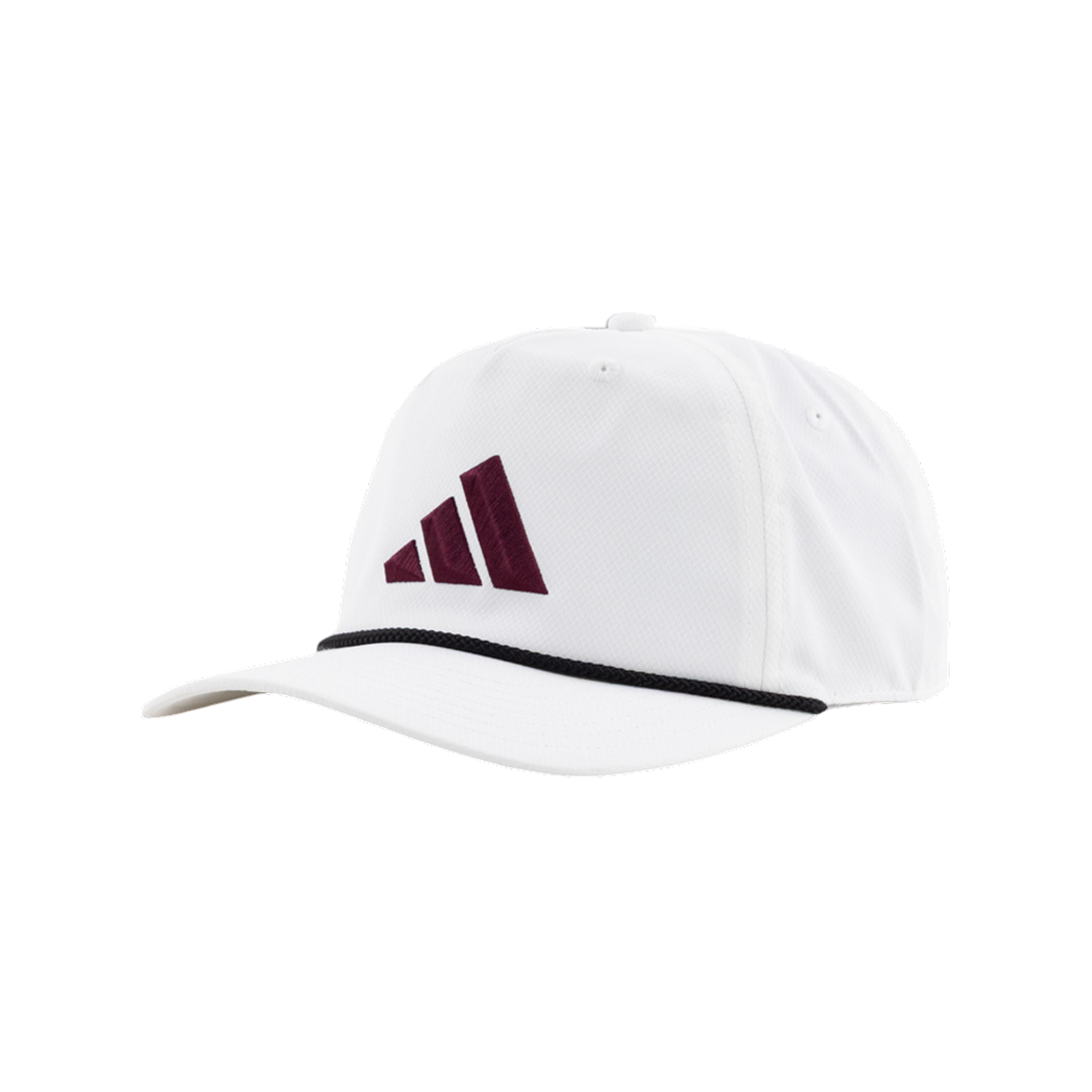 A white baseball cap featuring an embroidered maroon Adidas logo on the front panel and a black braided rope across the base of the crown.   
