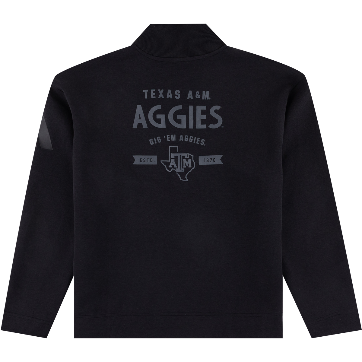 Black Texas A&M quarter-zip pullover featuring a stand-up collar and a tonal graphic on the back with “Texas A&M Aggies,” “Gig ’Em Aggies,” and an established 1876 design.
