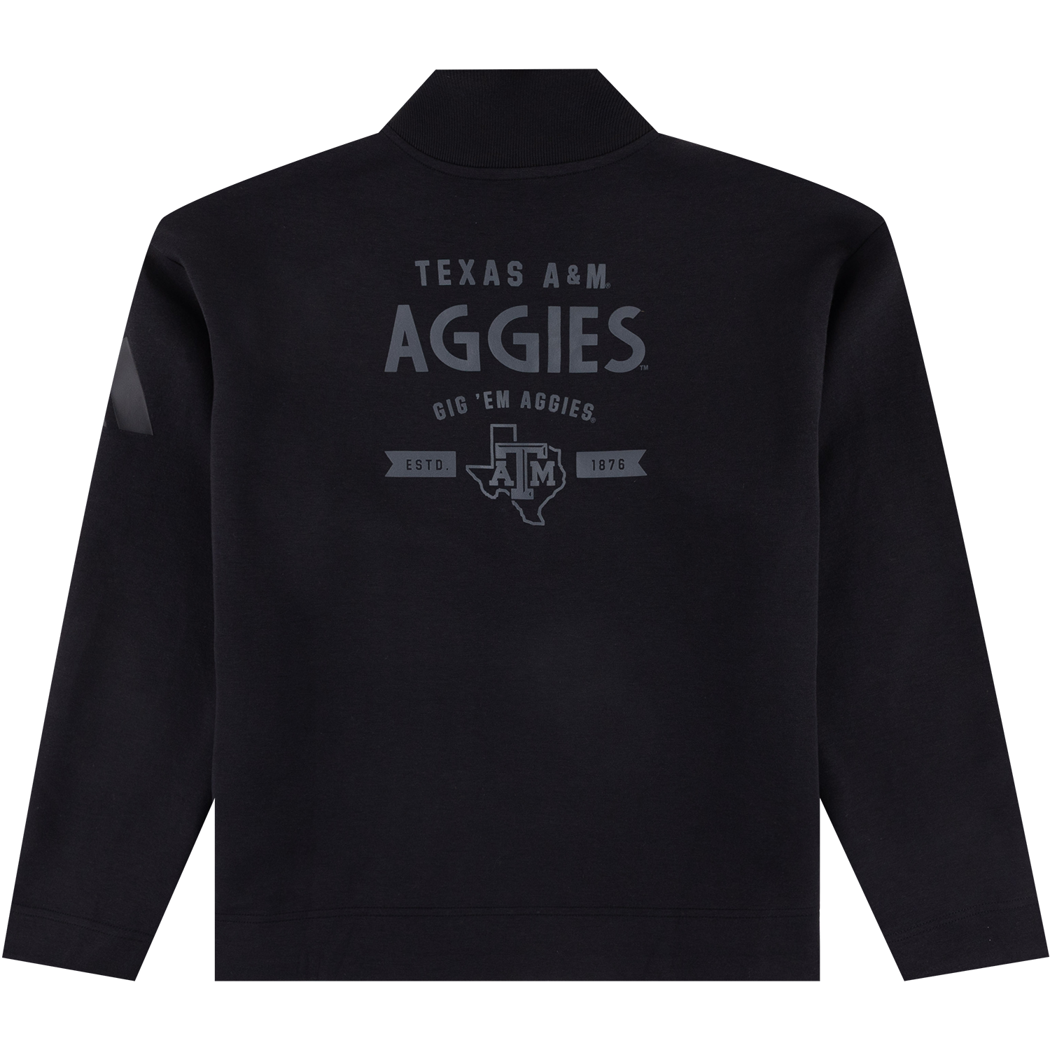 Black Texas A&M quarter-zip pullover featuring a stand-up collar and a tonal graphic on the back with “Texas A&M Aggies,” “Gig ’Em Aggies,” and an established 1876 design.