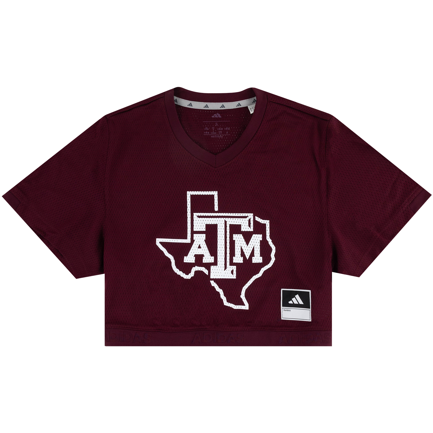 Maroon cropped women's athletic jersey by adidas with white Texas A&M logo graphic.