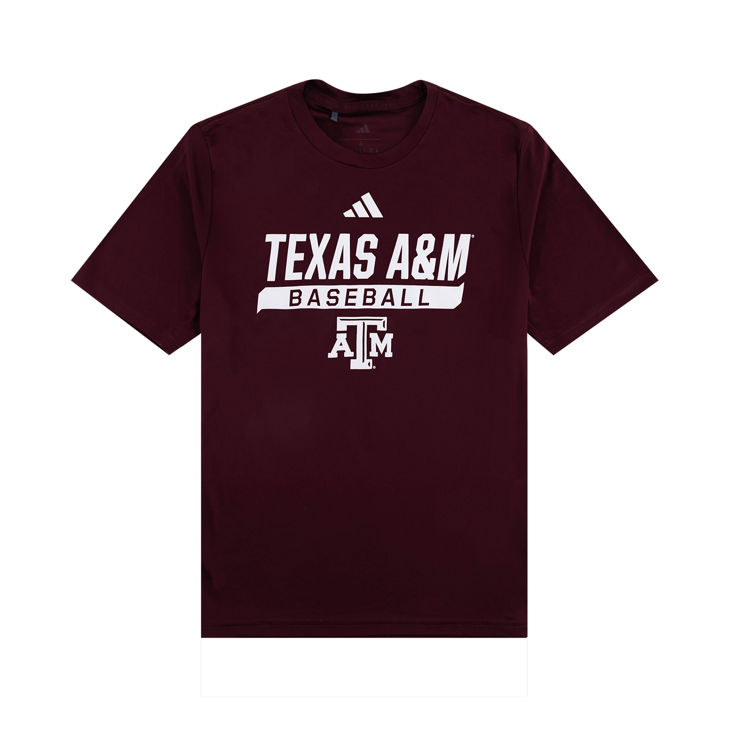 A maroon short-sleeve t-shirt featuring white graphics on the front, including an Adidas logo above "TEXAS A&M", a banner reading "BASEBALL", and the Texas A&M "ATM" logo.   