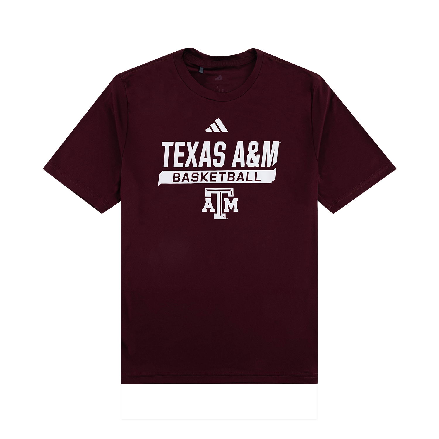 A maroon short-sleeve t-shirt featuring white graphics on the front, including an Adidas logo above "TEXAS A&M", a banner reading "BASKETBALL", and the Texas A&M "ATM" logo.   