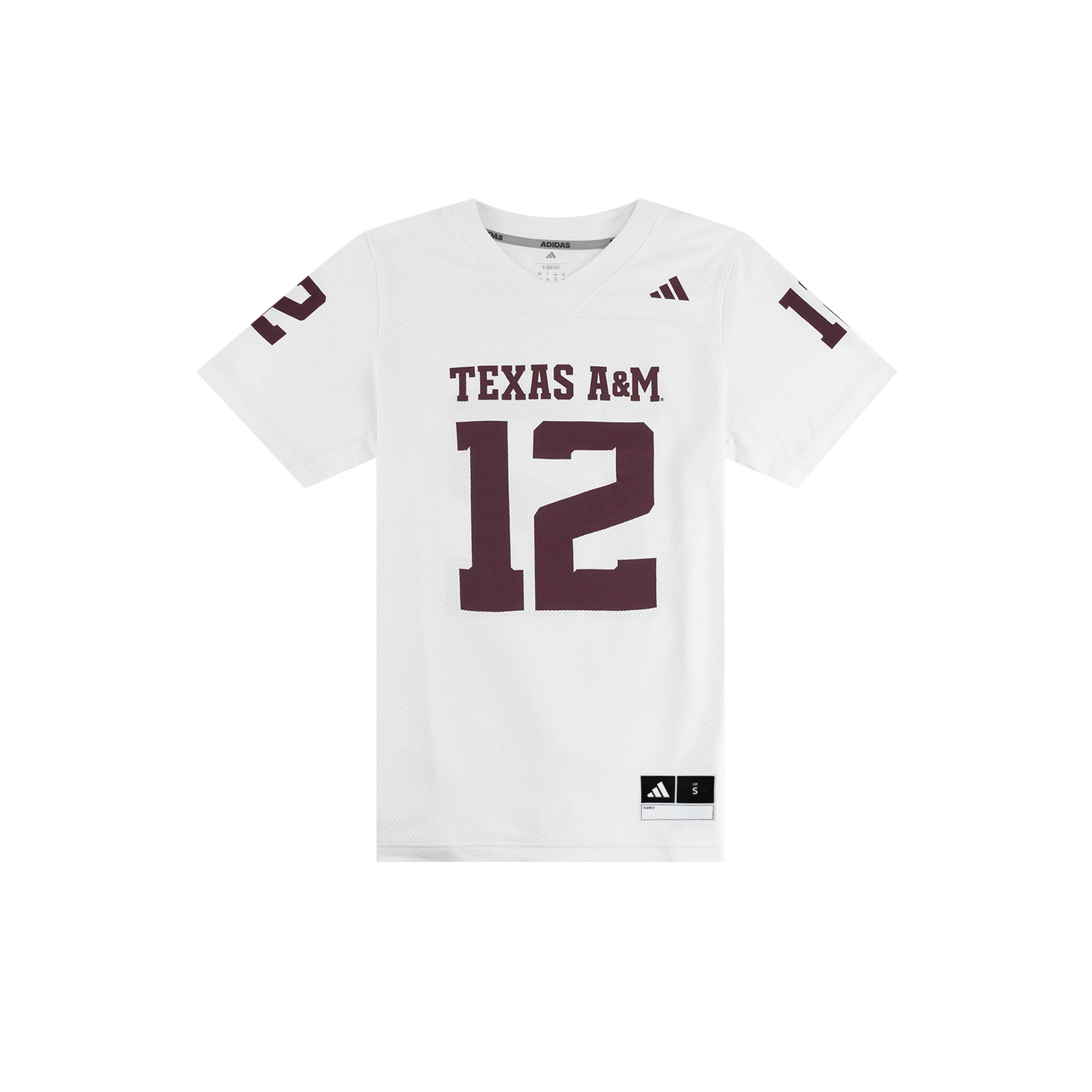 A white short-sleeve Texas A&M football jersey with maroon lettering and numbers, featuring the Adidas logo on the chest and a size tag near the hem.