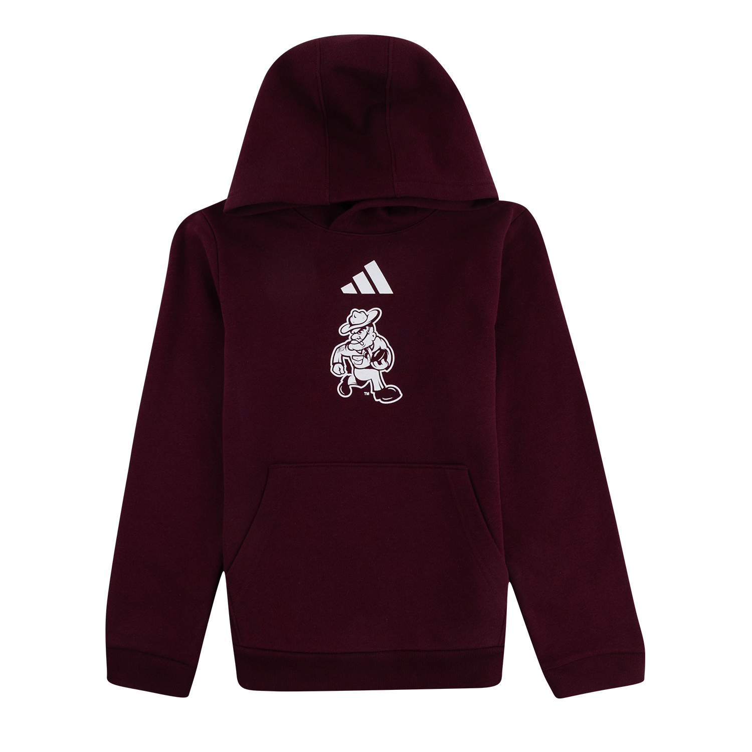 A maroon Adidas pullover hoodie with a white logo and sarge football mascot graphic on the chest, displayed against a solid white background.