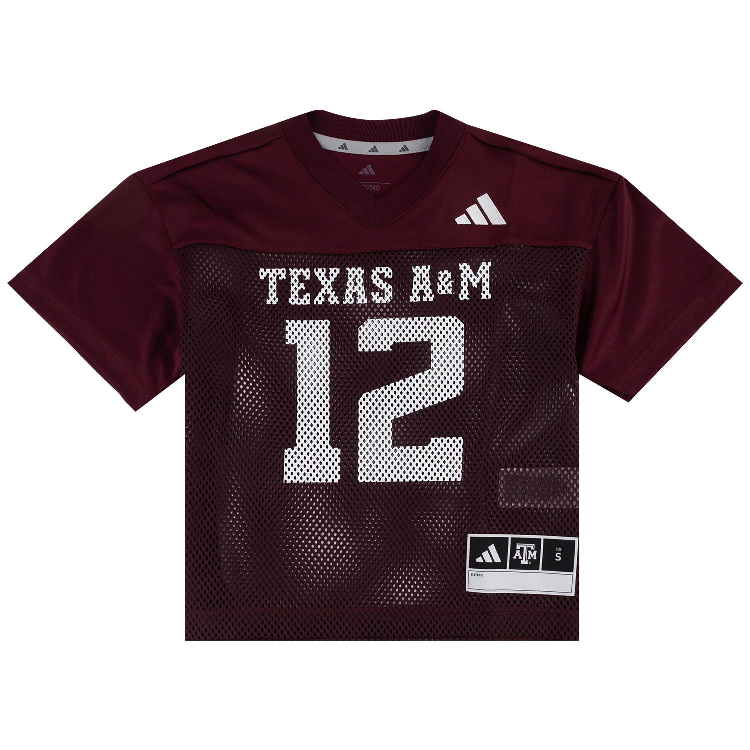 A maroon Adidas Texas A&M football jersey with a mesh front, featuring 'TEXAS A&M' and the number '12' in white on the front, with a white Adidas logo on the right chest and a size label on the lower right.