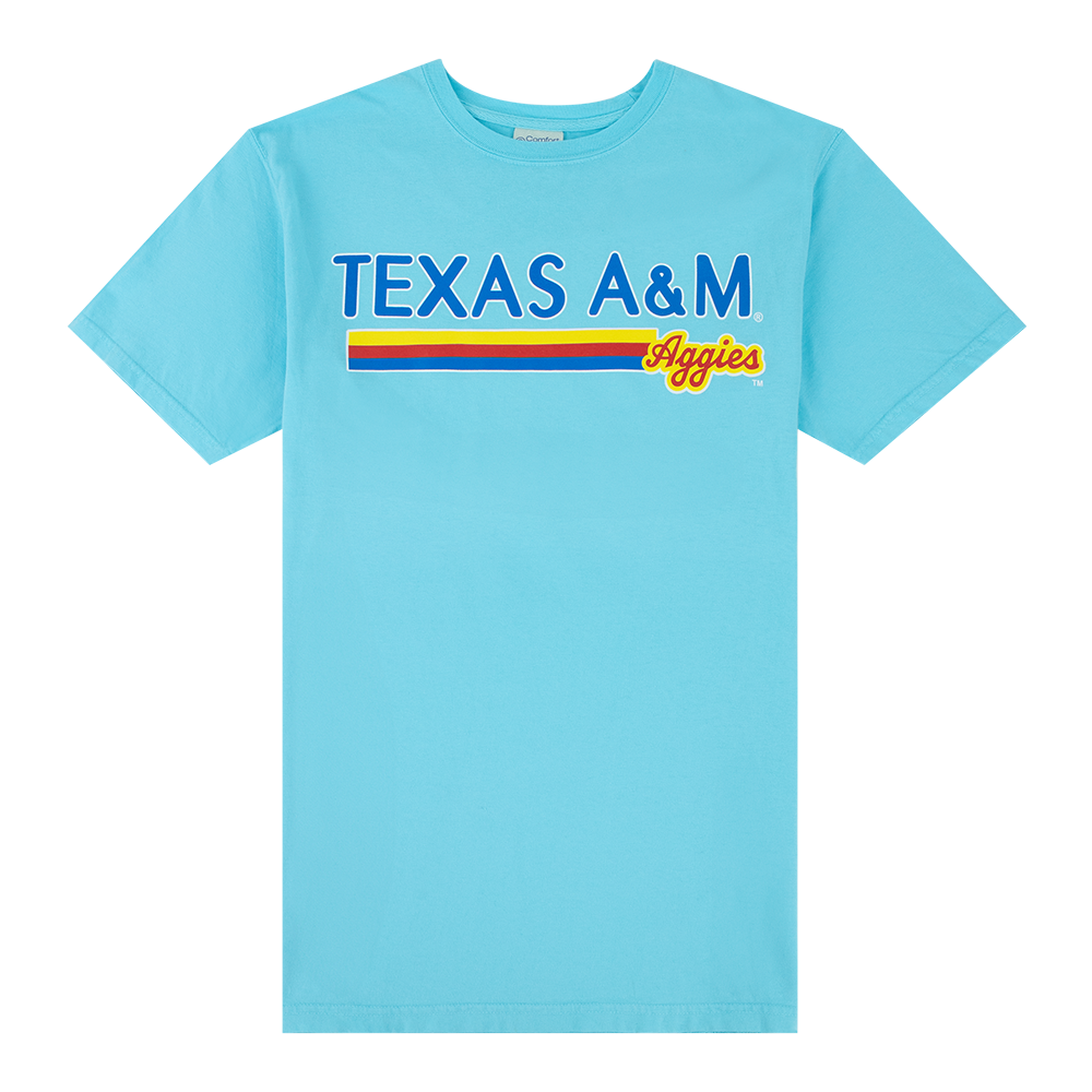 Bright blue t-shirt with "TEXAS A&M AGGIES" in yellow, red, and blue