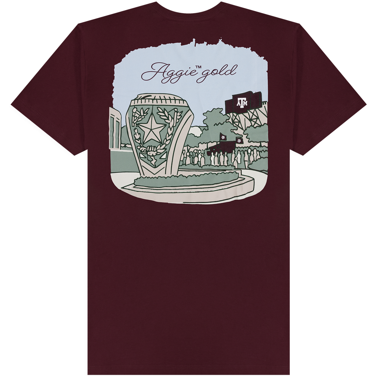 Maroon T-shirt featuring an illustrated Texas A&M campus scene with an Aggie gold script graphic and Texas A&M flags.