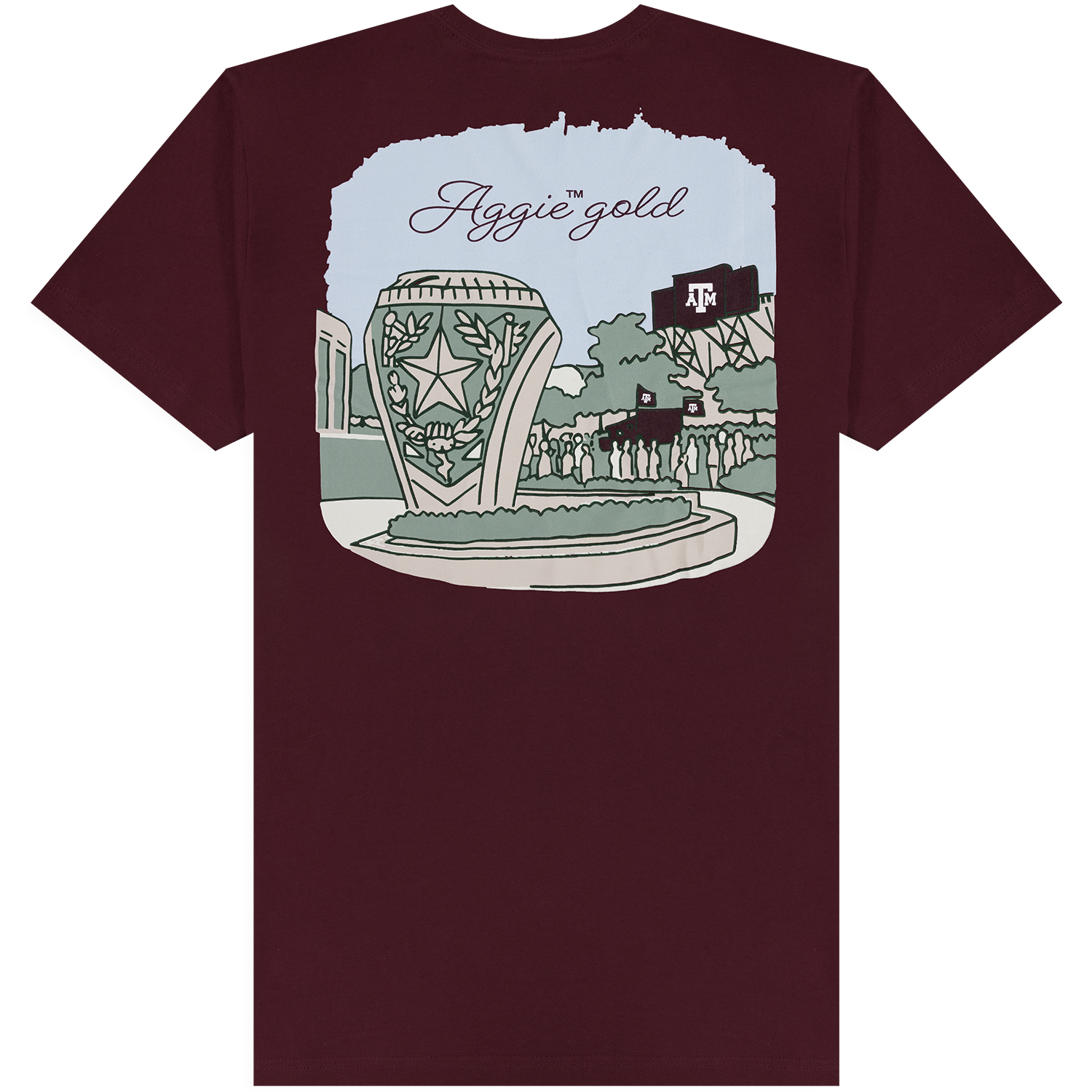Maroon T-shirt featuring an illustrated Texas A&M campus scene with an Aggie gold script graphic and Texas A&M flags.