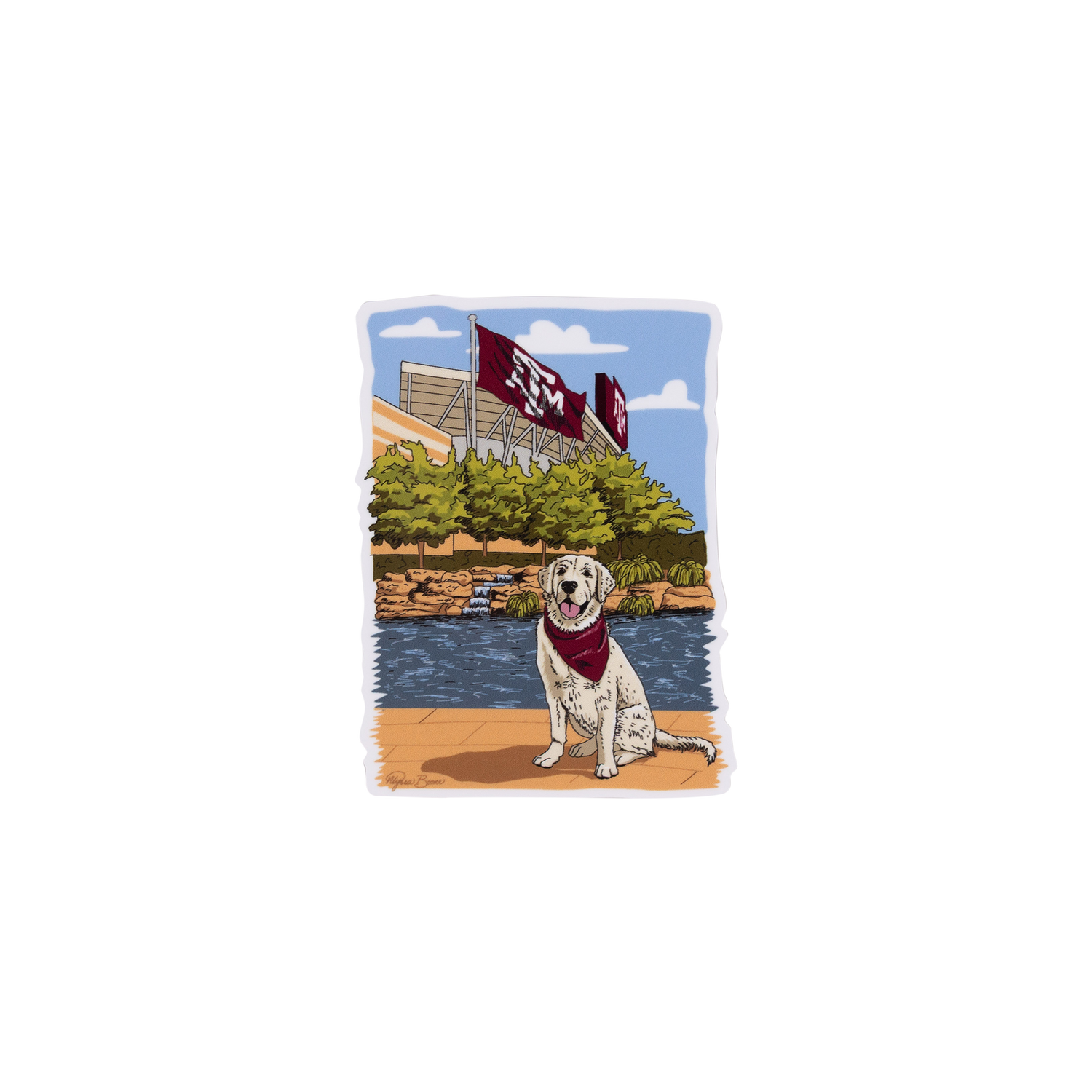 Vibrant drawing picturing a white dog wearing a maroon bandana in front of Aggie Park. 