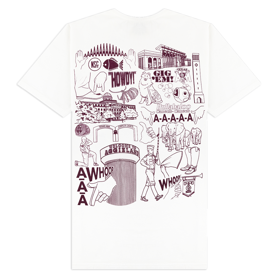White T-shirt with Texas A&M designs in maroon