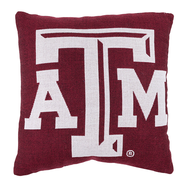 Maroon pillow with white, beveled ATM logo on the front