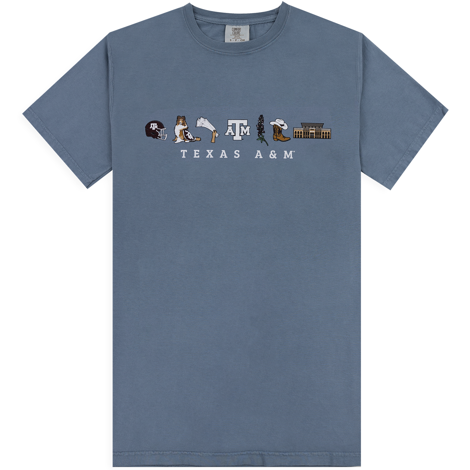 Light blue Comfort Colors T-shirt featuring a Texas A&M graphic with collegiate icons and “TEXAS A&M” text across the chest.