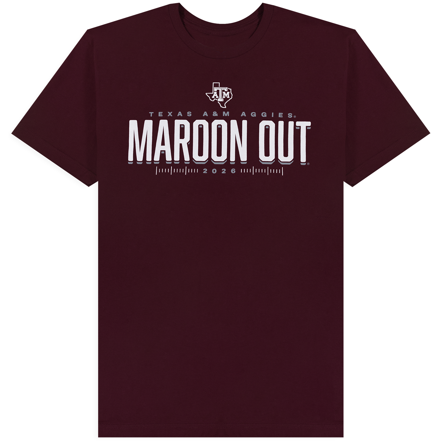 Maroon short sleeve t-shirt with white MAROON OUT print and Texas A&M Aggies branding. 