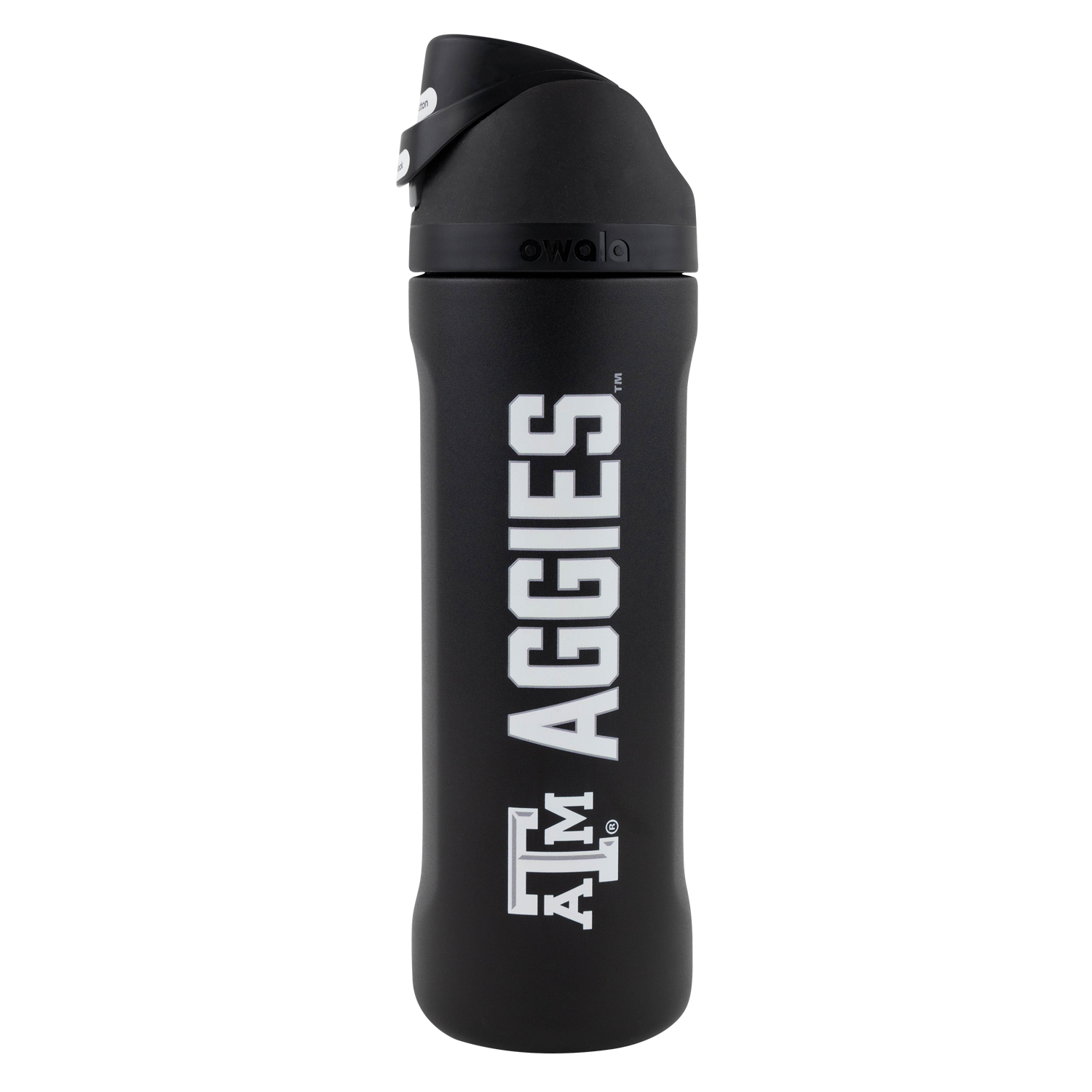 Black Owala water bottle featuring a flip-top lid, built-in carry loop, and vertical white Texas A&M Aggies lettering with the ATM logo.