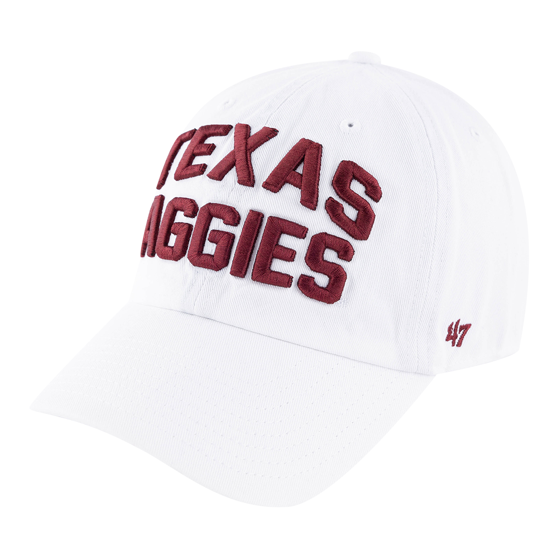 White cap with TEXAS AGGIES on it in maroon bold letters.