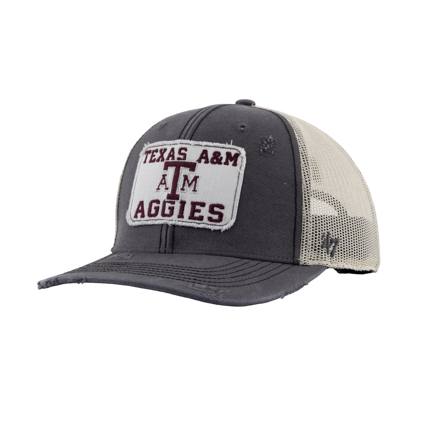 Distressed gray and cream Texas A&M trucker hat featuring a vintage “Texas A&M Aggies” patch and mesh back.