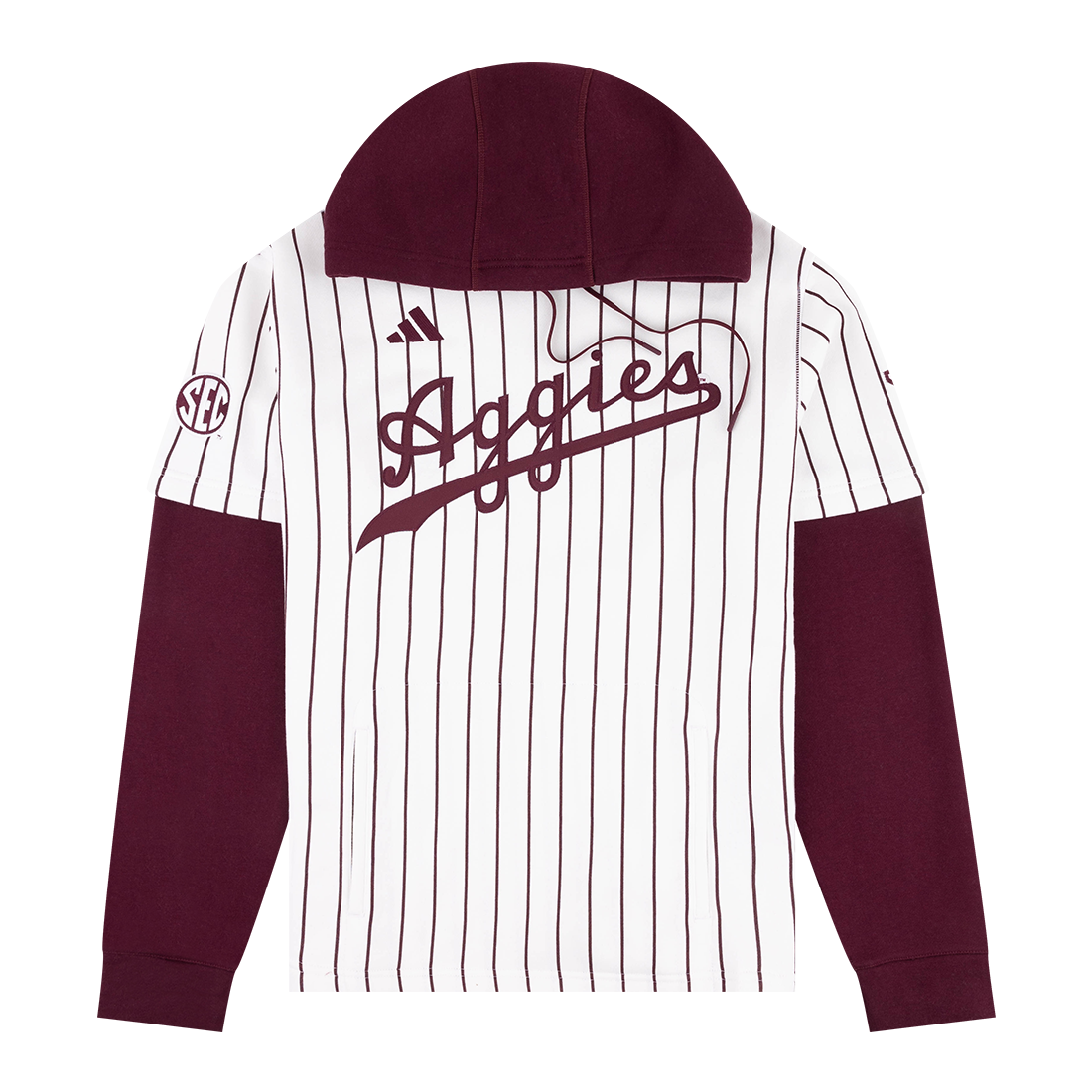 Maroon and white striped hoodie with 'Aggies' text in maroon.