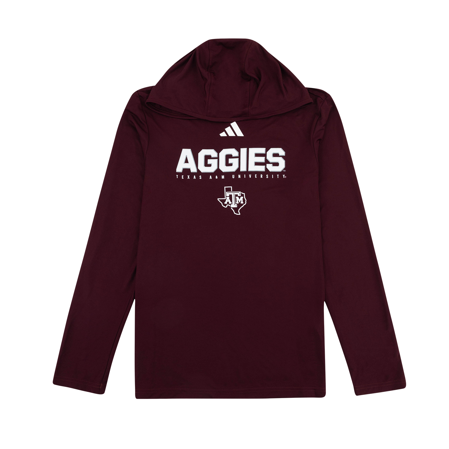 Maroon hoodie with 'AGGIES' text and Adidas logo in white as well as the Texas A&M lone-star in white.