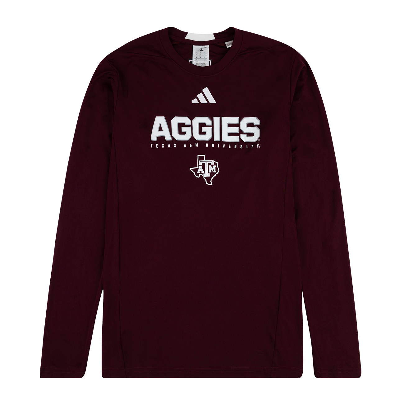 Maroon long-sleeve with the Texas A&M logo and other wording in white on the shirt.