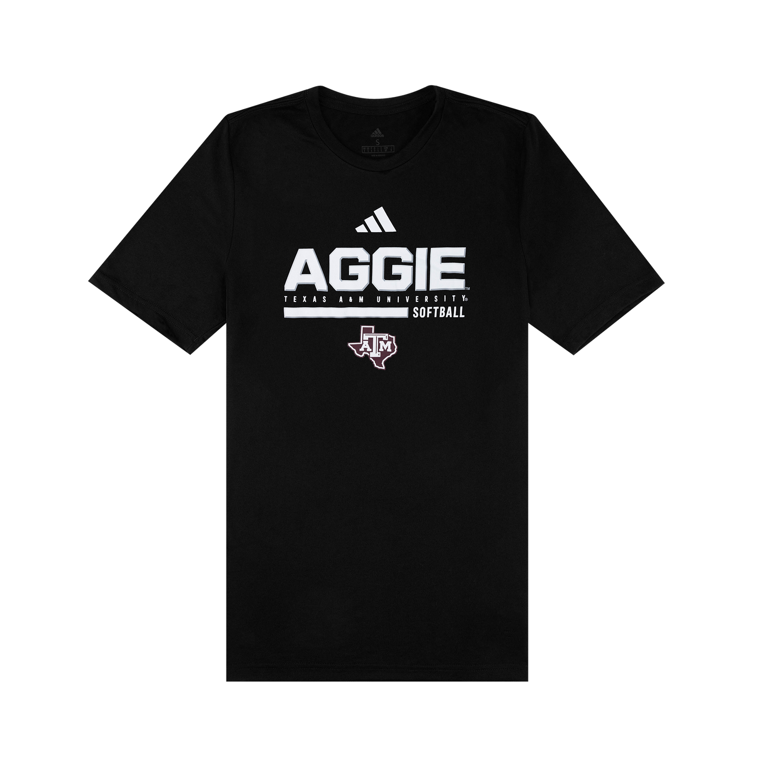 Black t-shirt with 'AGGIE' and Adidas logo in white lettering.