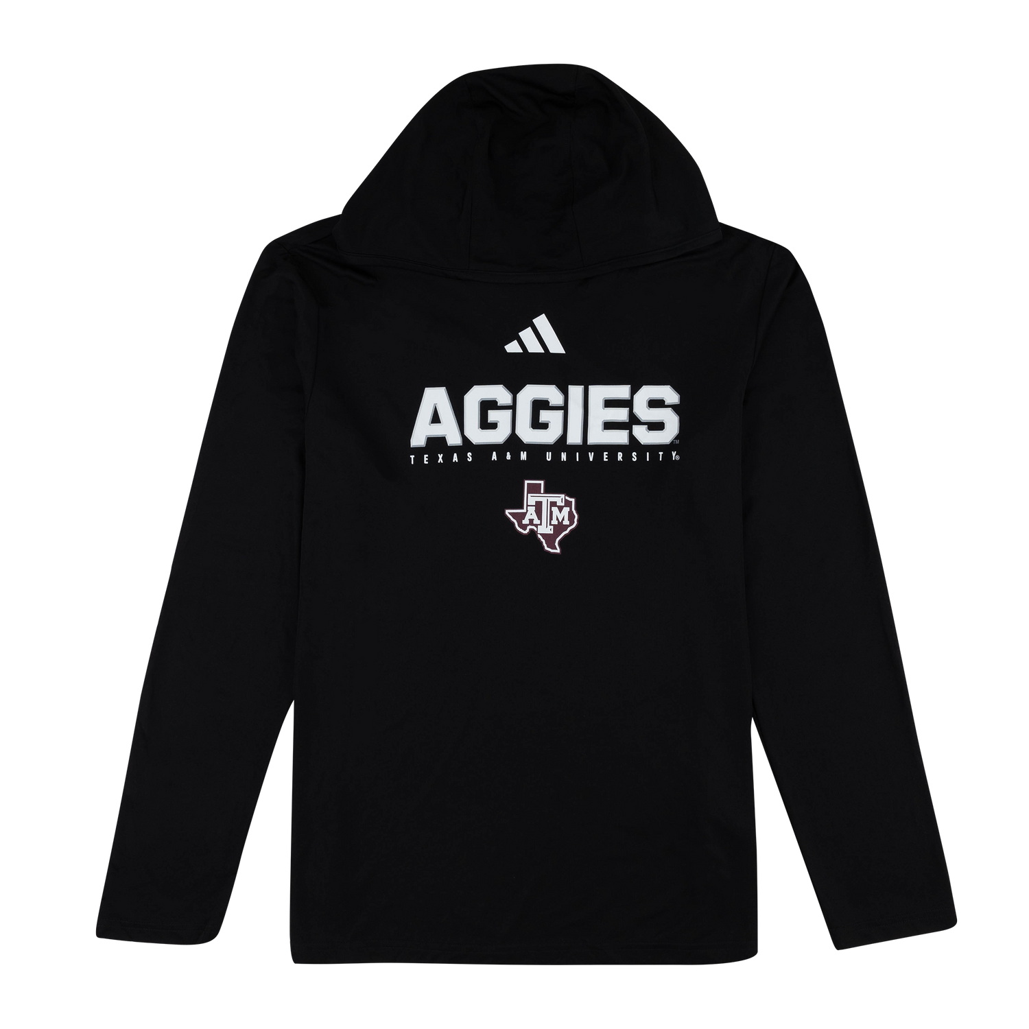 Black hoodie with 'AGGIES' and Texas A&M logo in white and maroon.