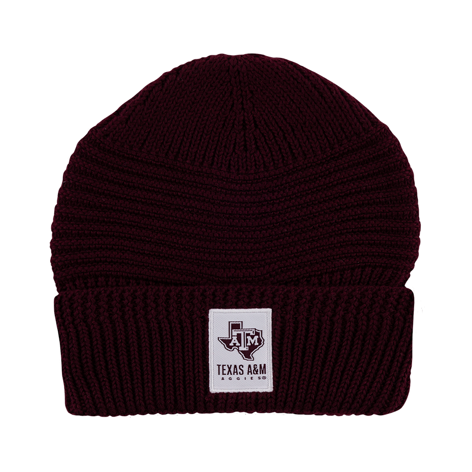 Maroon beanie with white patch that reads "TEXAS A&M AGGIES" in maroon with a maroon Lonestar ATM logo.