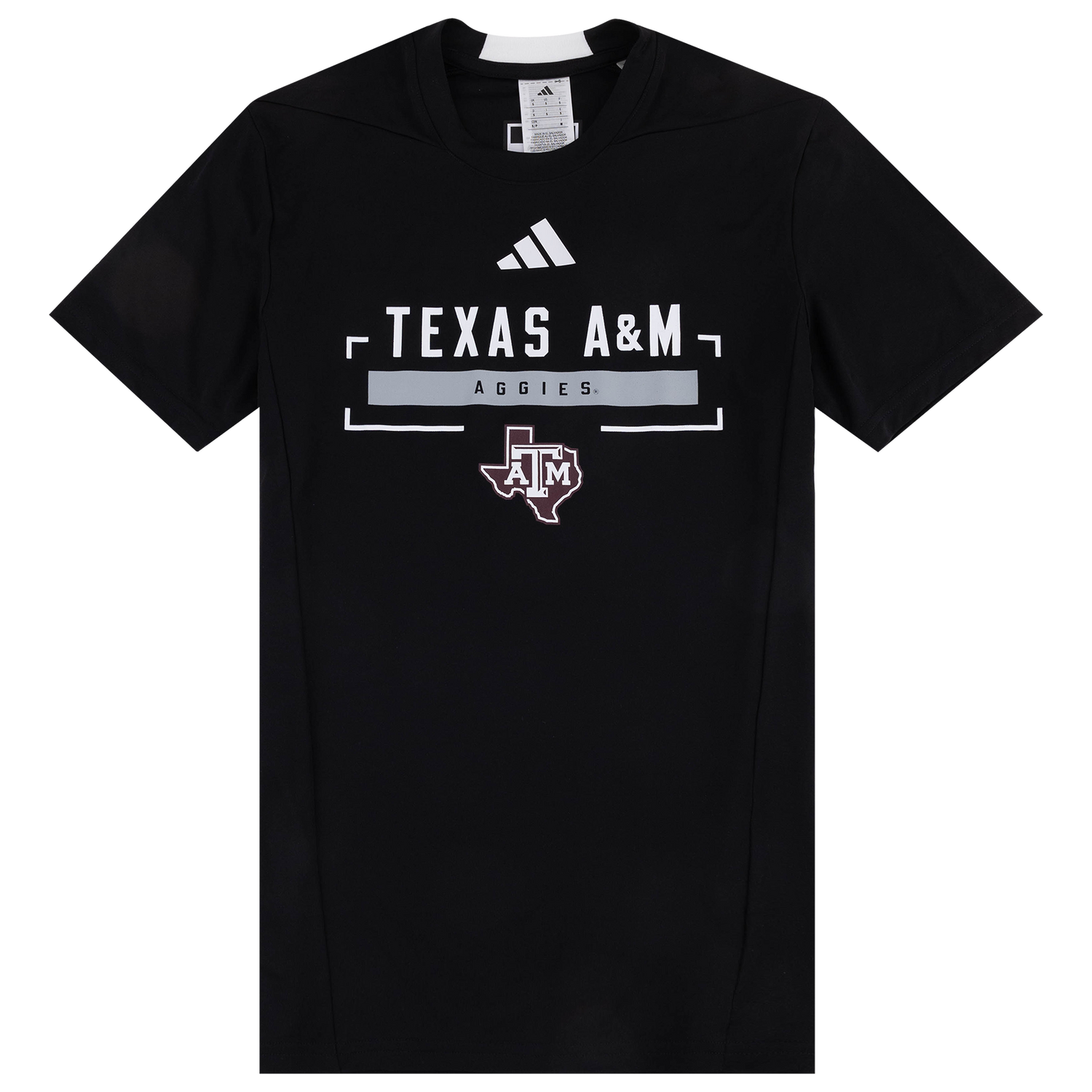 A black short-sleeve athletic t-shirt by Adidas featuring a Texas A&M Aggies graphic on the front, displayed against a solid white background.