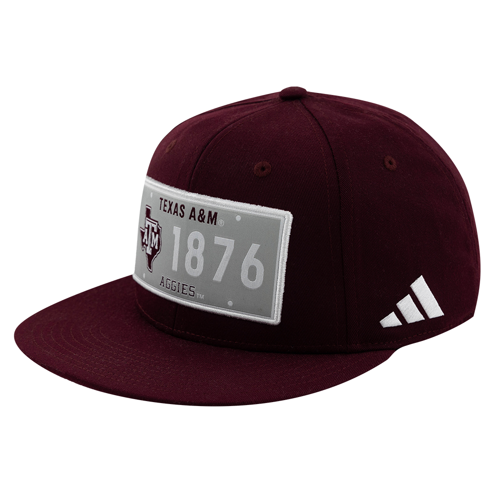 Maroon Adidas hat with Texas A&M Aggies license plate patch