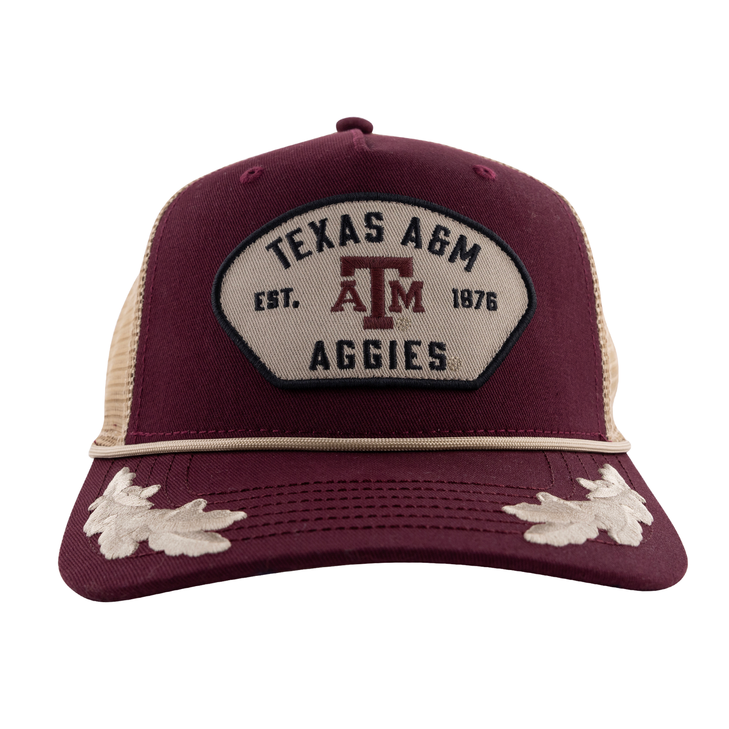 Maroon hat with tan mesh backing and tan rope on the brim. Tan patch that reads "TEXAS A&M AGGIES" in black with tan embroidery on the brim.