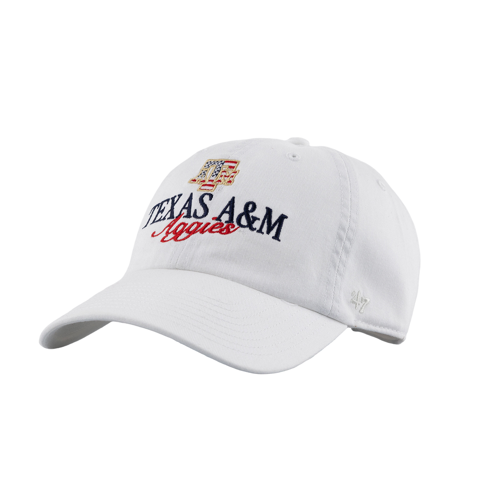 White Texas A&M baseball cap featuring embroidered Texas A&M lettering and logo in navy, red, and gold, with a curved brim and adjustable back strap.