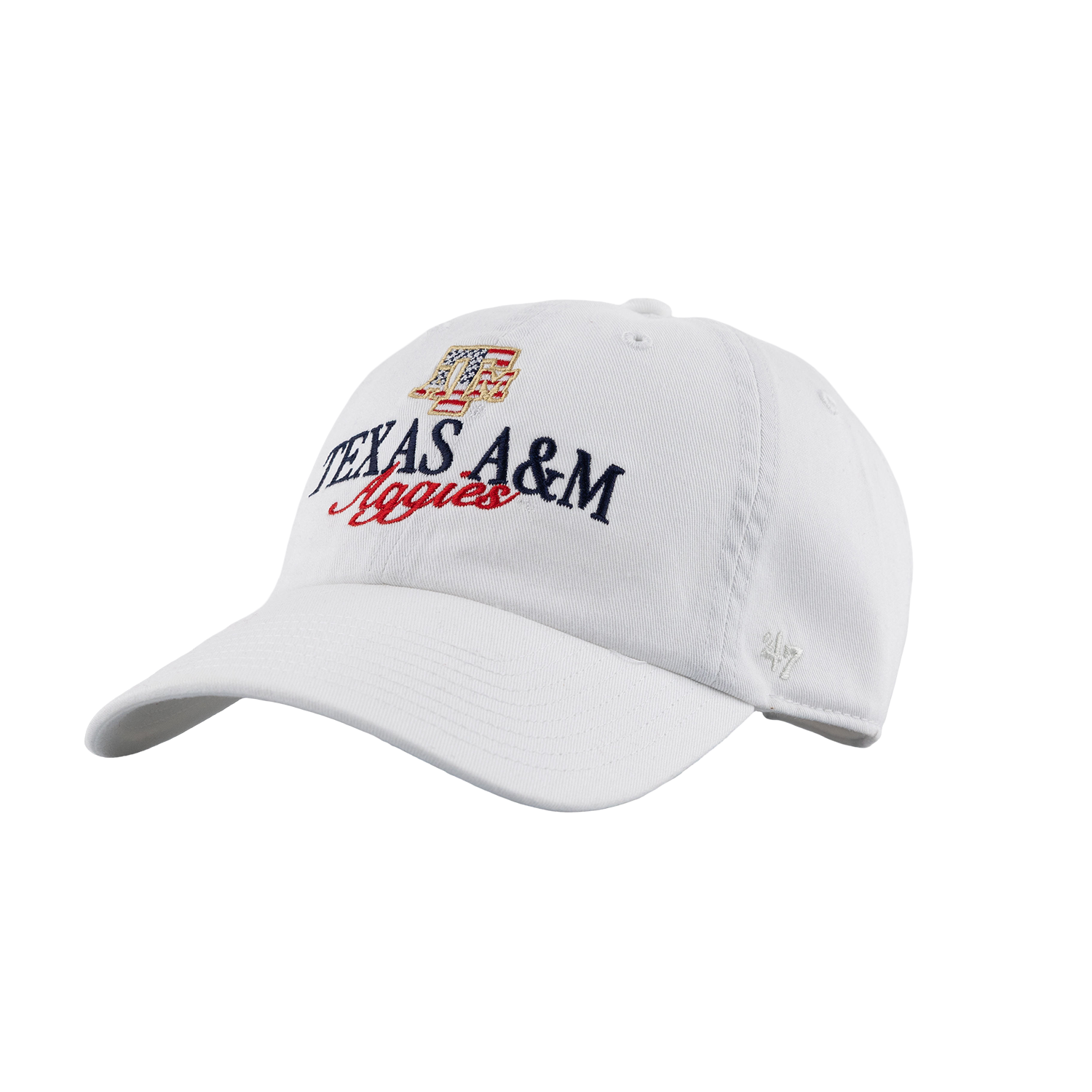 White Texas A&M baseball cap featuring embroidered Texas A&M lettering and logo in navy, red, and gold, with a curved brim and adjustable back strap.