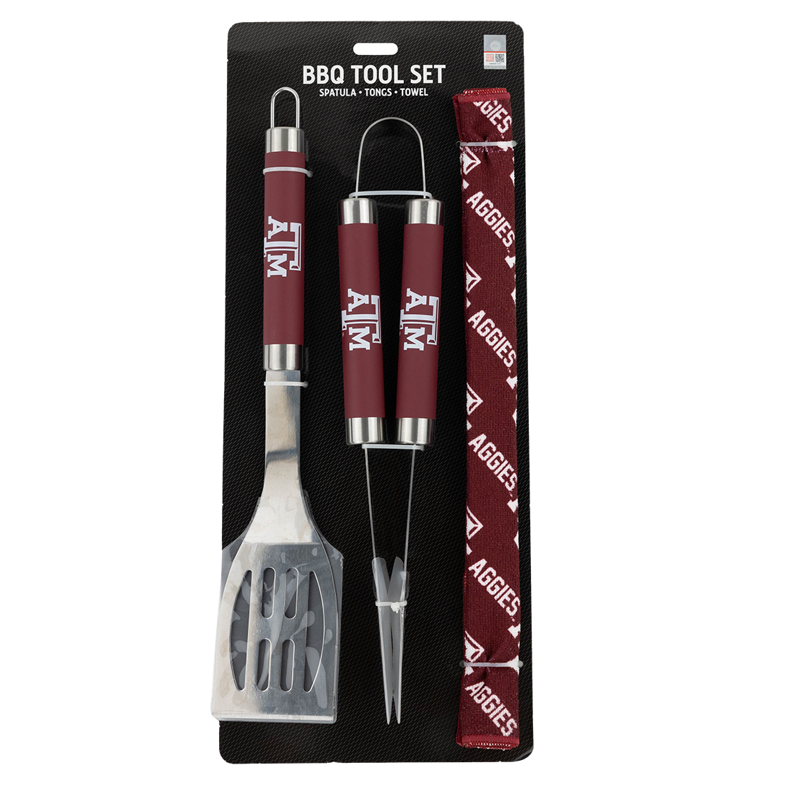 Maroon Grill utensils with Texas A&M Aggies in white on all items.