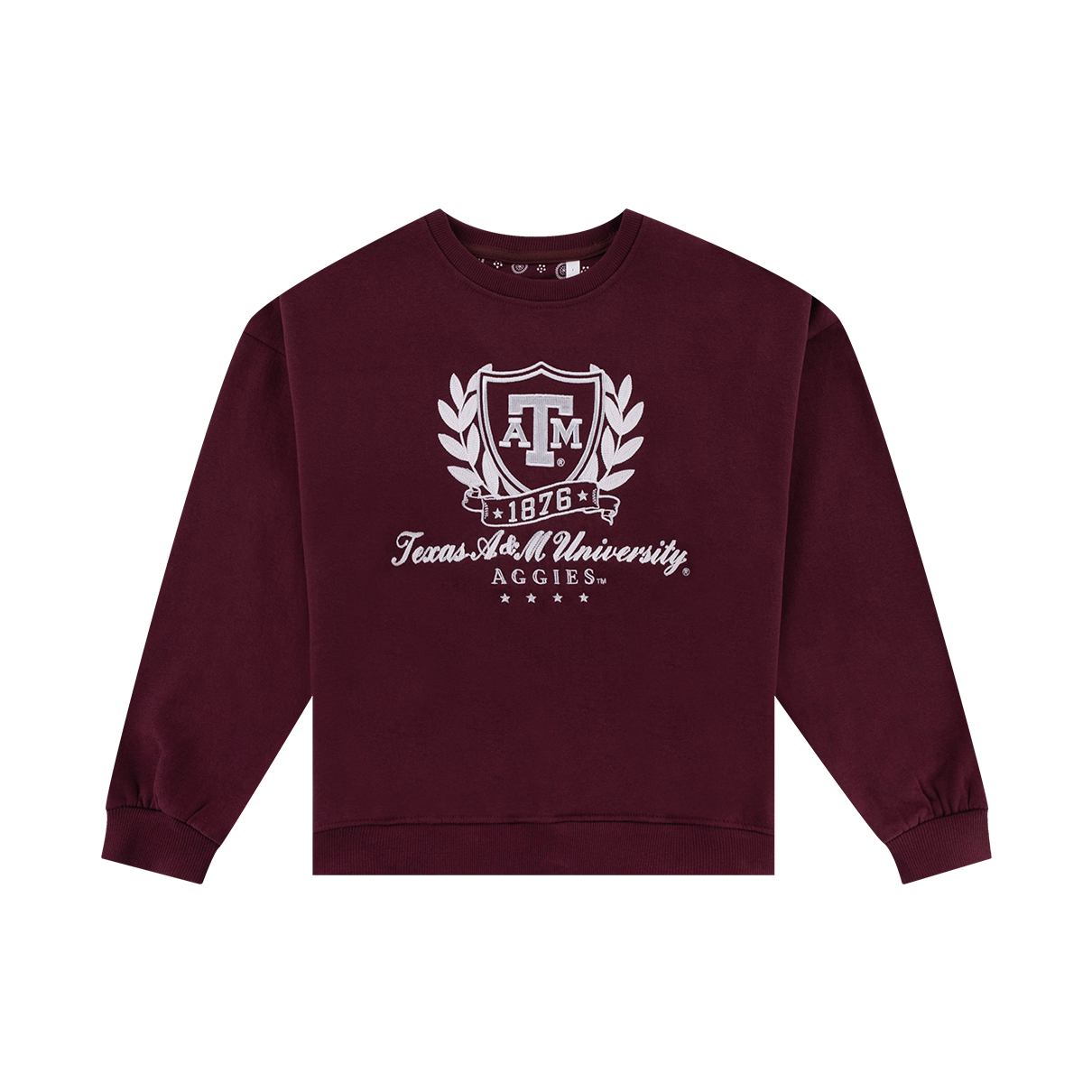 Maroon crewneck with a white ATM logo and "Texas A&M University Aggies" in white
