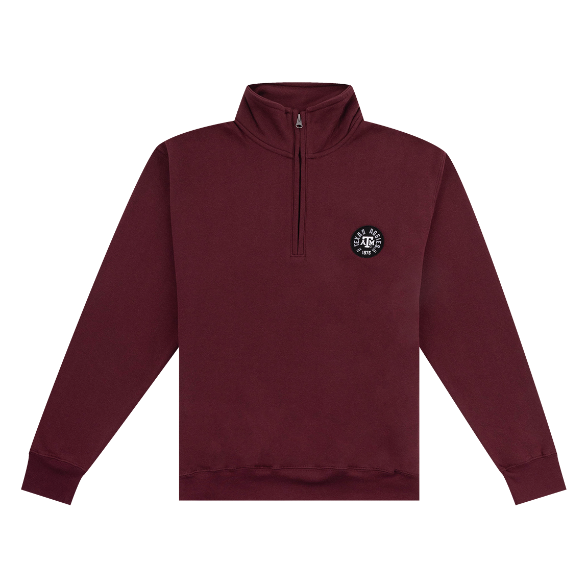 Maroon quarter zip with black circle on the left side of the chest with "Texas A&M Aggies" in white.