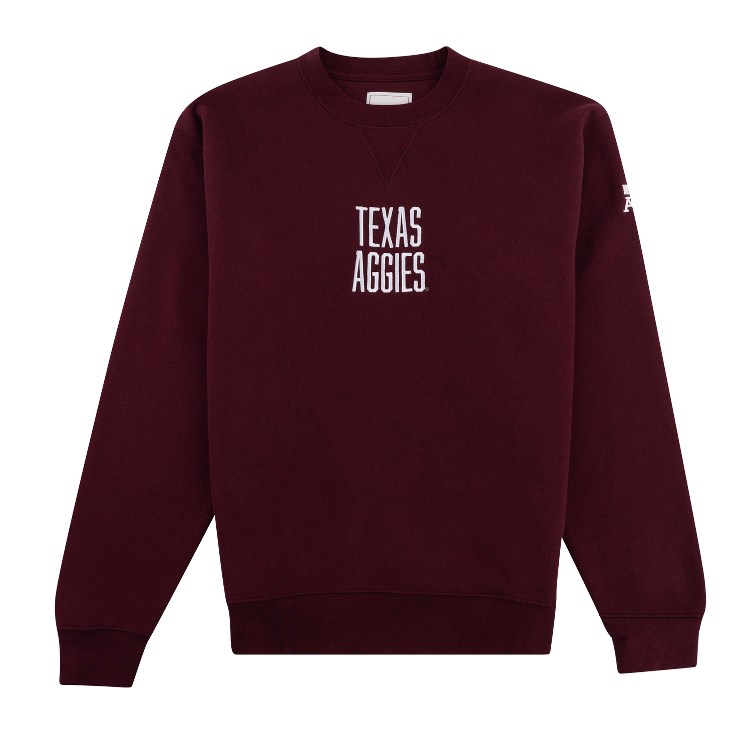 Maroon sweatshirt with "TEXAS AGGIES" in white and a white ATM logo on the left sleeve.