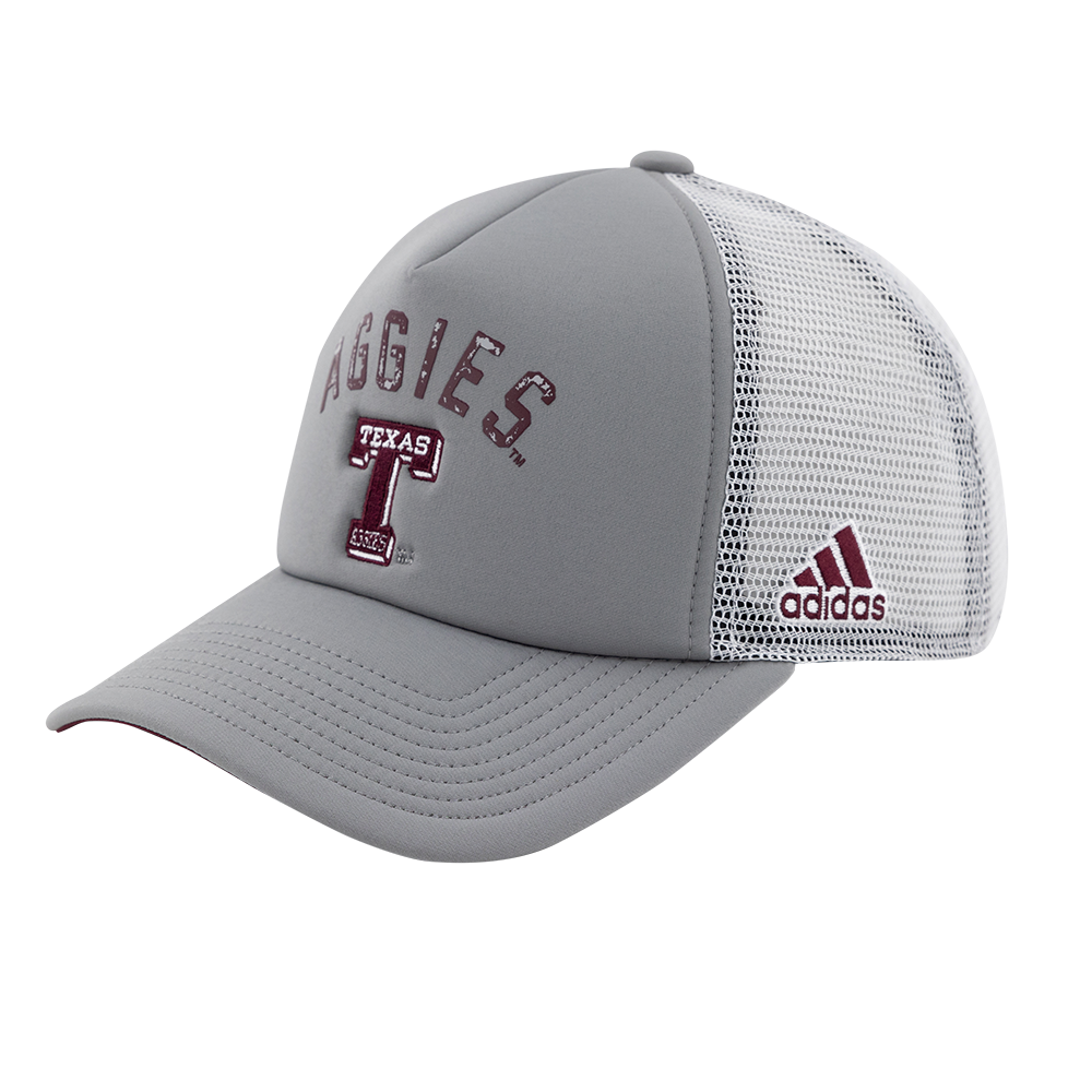 Gray hat with "Aggies" and a block T