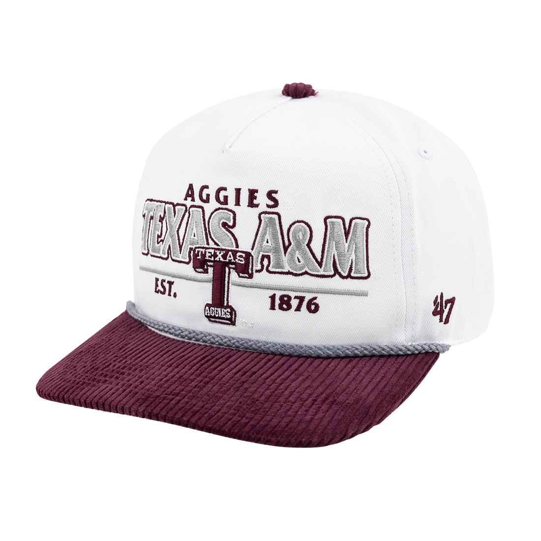 White hat with maroon corduroy brim and "Texas A&M Aggies" in gray and maroon with a block T