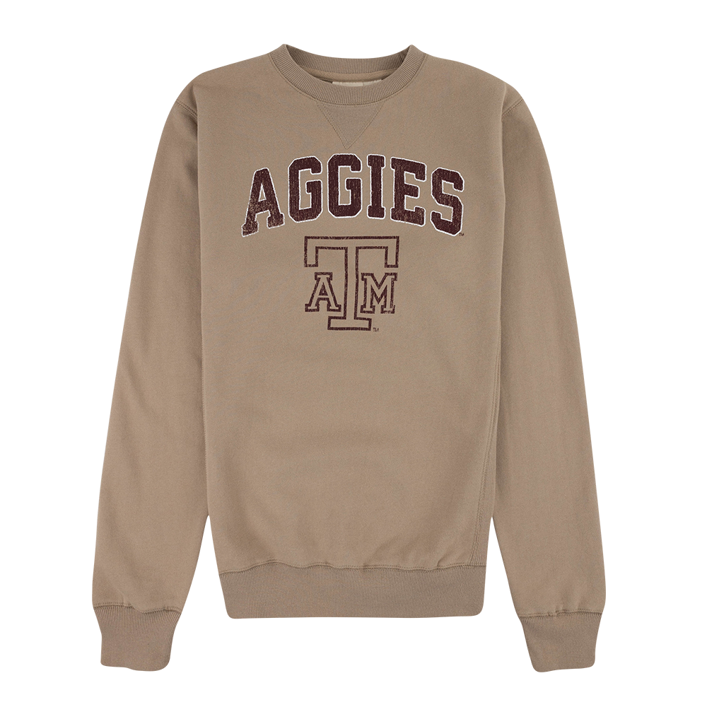 Beige sweatshirt with 'AGGIES' and the Texas A&M logo in maroon.