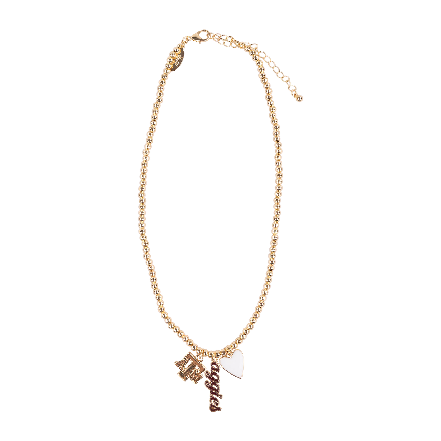 Gold necklace with the Texas A&M logo charm and a Aggies charm and a heart.