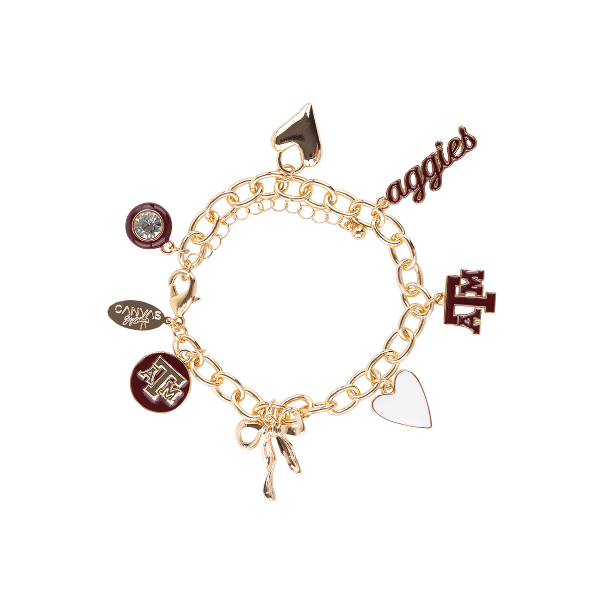 Gold bracelet with various charms on it that all have Texas A&M