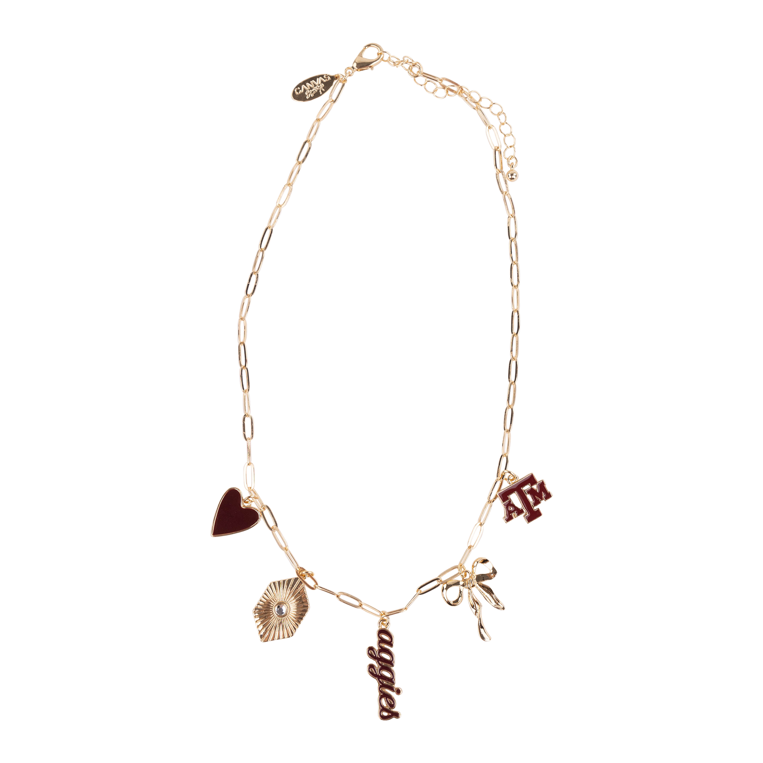Gold necklace with various charms like the Texas A&M logo and a maroon heart