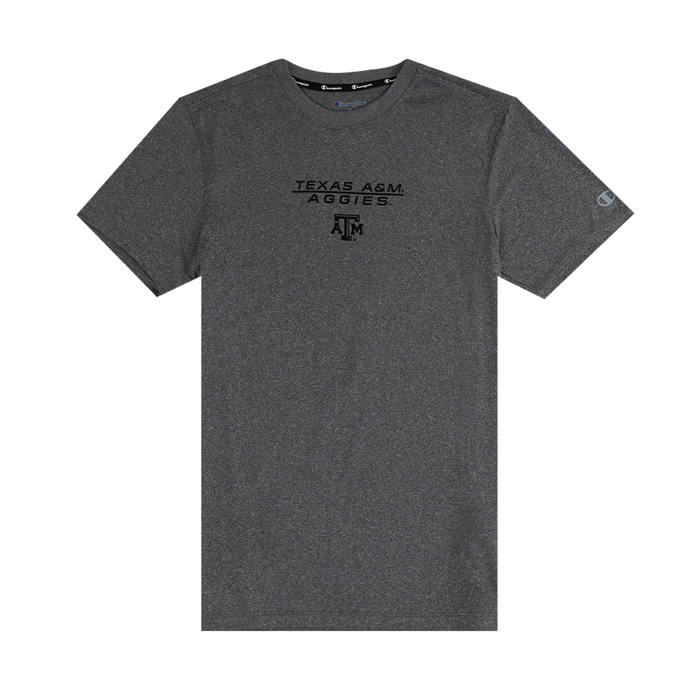 Gray t-shirt with 'Texas A&M Aggies' text and logo with black lettering