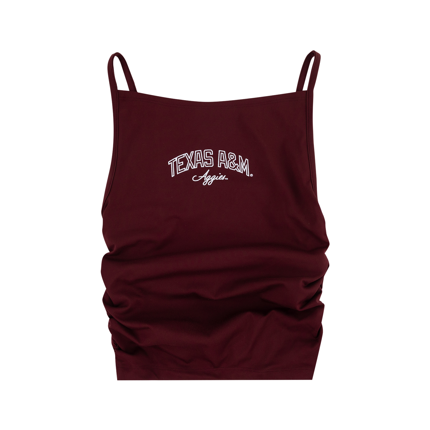 A maroon spaghetti-strap camisole tank top featuring the 'Texas A&M Aggies' logo printed in white on the chest, displayed against a solid white background.