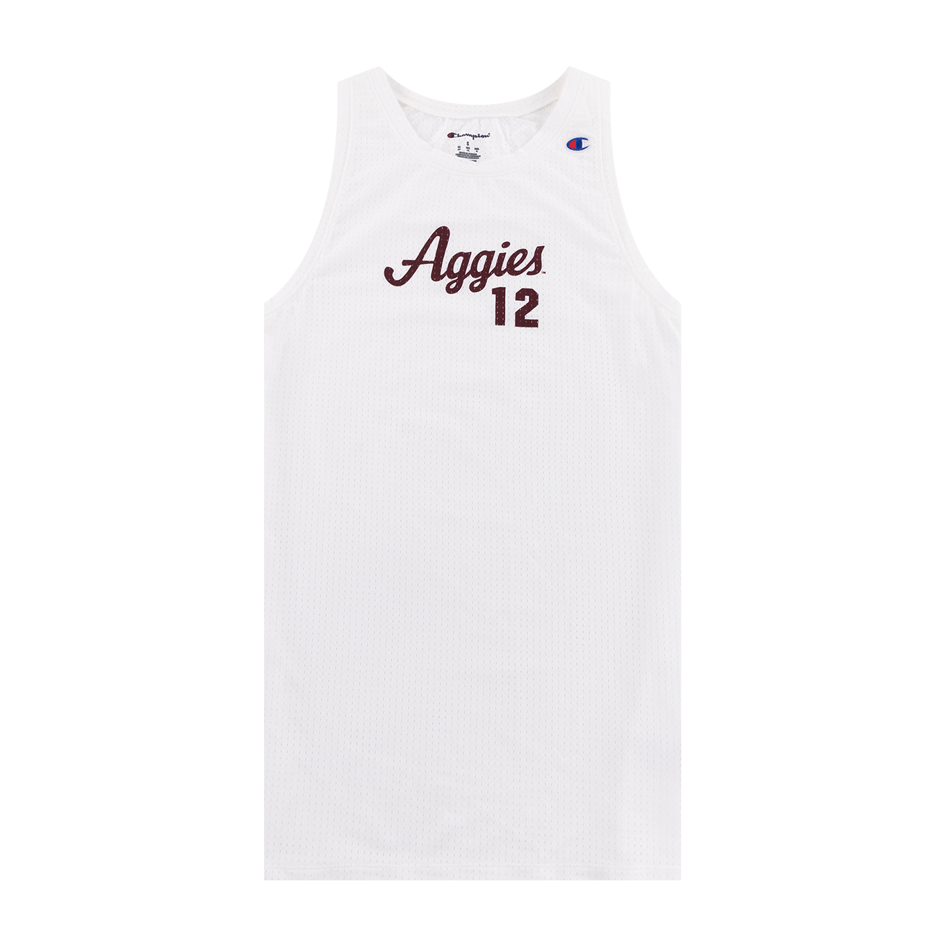 White mesh jersey dress with "Aggies 12" in maroon.