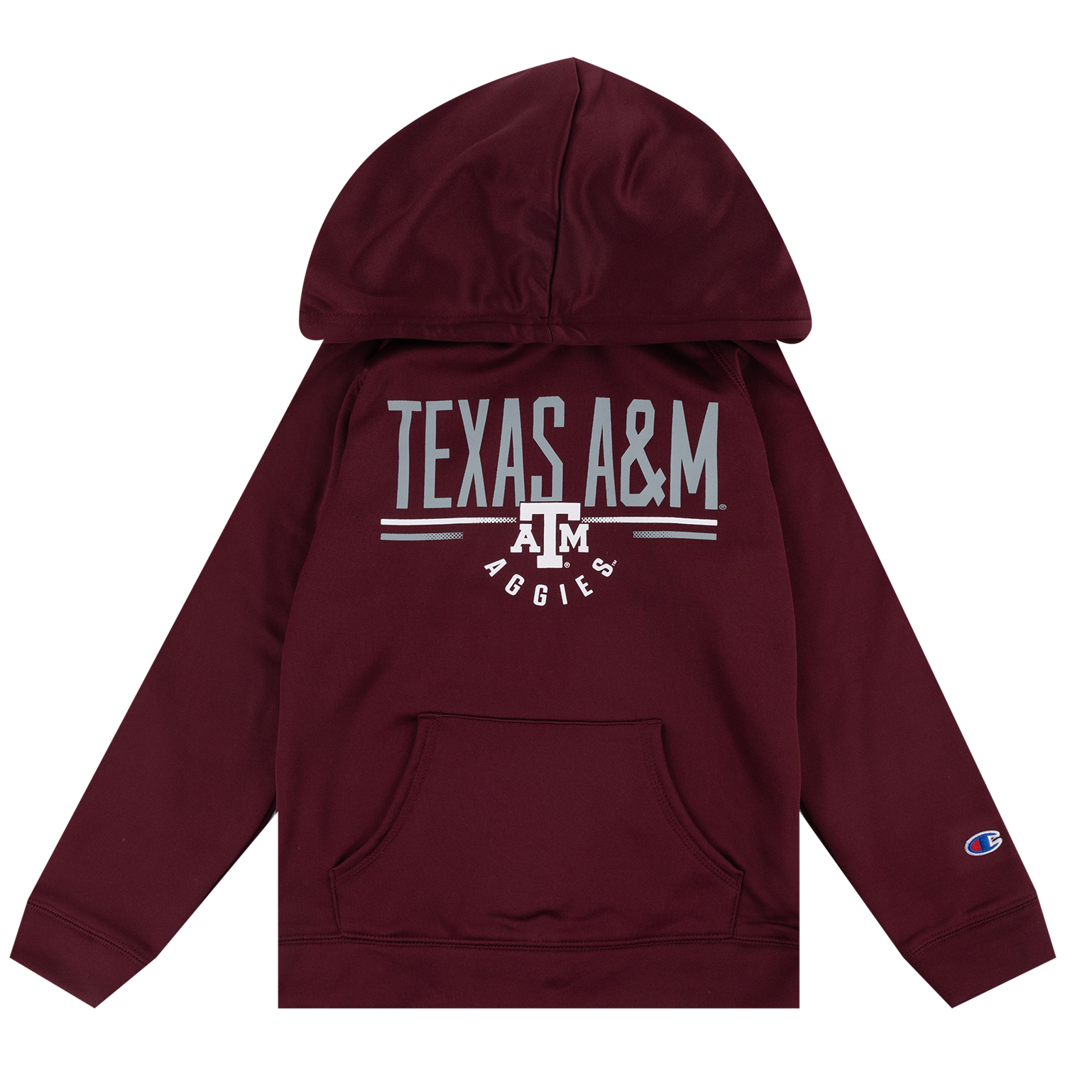 A youth maroon hooded sweatshirt shown from the back, featuring a large gray and white 'TEXAS A&M AGGIES' graphic with the 'A&M' logo in the center. A small Champion logo is visible on the left sleeve cuff.